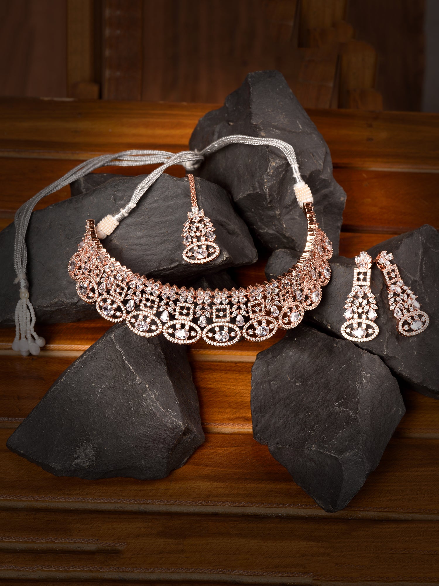 Rose Gold Plated White AD Studded Choker Dropdown Earrings Jewellery Set, zaveri pearls, sale price rs, sale price, sale gold plated, sale gold, sale, rubans, ring, regular price, priyassi je